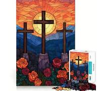 Three Crosses with Roses Stained Glass 1000 Teenager Pieces Jigsaw Puzzle Mind Exercise Toy Bonding Time Precision Cut Art Collection Piece (50x75cm)