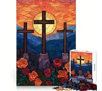 Three Crosses with Roses Stained Glass 1000 Teenager Pieces Jigsaw Puzzle Mind Exercise Toy Bonding Time Precision Cut Art Collection Piece (50x75cm)