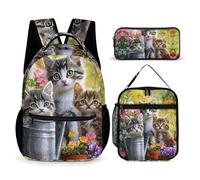 Three Cute Cats Flowers Printed Dayback Set with Lunch Bag And Pencil Case Lightweight Classic Backpack Set 3pcs