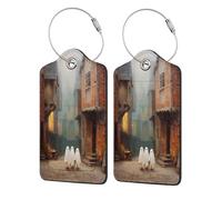 Three Cute Little Ghosts in Old Town Street Luggage Tag for Suitcase Leather Luggage Tag with Privacy Flap Name Id Label and Metal Loop for Women Men Travel