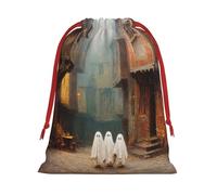 Three Cute Little Ghosts In Old Town Street Soft Velvet Christmas Drawstring Bag Reusable Wrapping Sack Xmas Party Present Bag