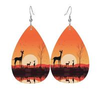 Three deer at sunset double-sided printed leather earrings int and shape of water drops, creative, light and novel, bright and vivid colors.