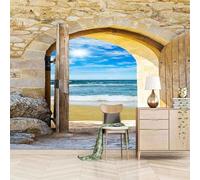 Three Dimensiona Arched Architecture Ocean Sunlight Modern 3D Wallpaper Premium Textured Silk Neutral Tones Material Ideal for Living Room Bedroom-400cm×280cm