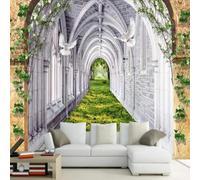 Three Dimensiona Arches Architecture Fresh Grass Flying Birds 3D Wallpaper Silky Texture Home Study Office Grey Dining Room Sofa Bedroom Living Room TV Backdrop-150cm×105cm