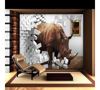 Three Dimensiona Art White Brick Wall Animals Rhino 3D Wallpaper Premium Textured Silk Study Dining Living Room Bedroom Sofa TV Wall Easy Install-250cm×170cm