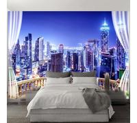 Three Dimensiona Balcony City Architecture Nightscape Modern 3D Wallpaper Premium Textured Silk Neutral Tones Material Ideal for Living Room Bedroom-300cm×210cm