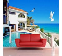 Three Dimensiona Blue Sky Ocean Birds Buildings Modern 3D Wallpaper Premium Textured Silk Neutral Tones Material Ideal for Living Room Bedroom-150cm×105cm