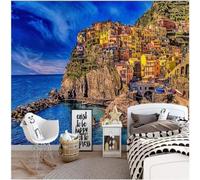 Three Dimensiona Blue Sky Ocean City Architecture Mountains 3D Wallpaper Premium Textured Silk Study Dining Living Room Bedroom Sofa TV Wall Easy Install-350cm×256cm