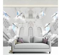 Three Dimensiona Blue Sky White Clouds Flying Birds Architecture 3D Wallpaper Premium Textured Silk Study Dining Living Room Bedroom Sofa TV Wall Easy Install-430cm×300cm