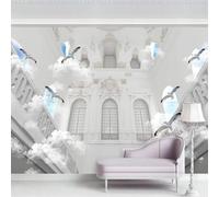 Three Dimensiona Blue Sky White Clouds Flying Birds Architecture 3D Wallpaper Silky Texture Home Study Office Grey Dining Room Sofa Bedroom Living Room TV Backdrop-150cm×105cm