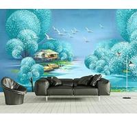 Three Dimensiona Blue Trees Birds Houses Modern 3D Wallpaper Premium Textured Silk Neutral Tones Material Ideal for Living Room Bedroom-150cm×105cm