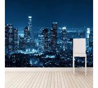 Three Dimensiona City Architecture Blue Lights Night Scene 3D Wallpaper Premium Textured Silk Study Dining Living Room Bedroom Sofa TV Wall Easy Install-200cm×140cm