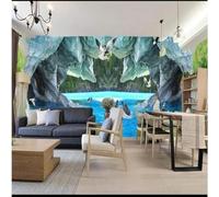 Three Dimensiona Dolphins Ocean Caves Scenic Views 3D Wallpaper Premium Textured Silk Study Dining Living Room Bedroom Sofa TV Wall Easy Install-430cm×300cm