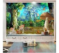 Three Dimensiona Jungle Mushrooms Deer Flying Birds Modern 3D Wallpaper Premium Textured Silk Neutral Tones Material Ideal for Living Room Bedroom-350cm×256cm