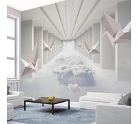 Three Dimensiona Paper Cranes White Clouds Abstract Architecture Spatial Extension 3D Wallpaper Silky Texture Home Study Office Grey Dining Room Sofa Bedroom Living Room TV Backdrop-430cm×300cm