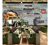 Three Dimensiona Retro Art Cars Broken Walls Nostalgic 3D Wallpaper Silky Texture Home Study Office Grey Dining Room Sofa Bedroom Living Room TV Backdrop-350cm×256cm