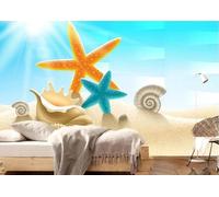 Three Dimensiona Sunlight Beach Starfish Shell Modern 3D Wallpaper Premium Textured Silk Neutral Tones Material Ideal for Living Room Bedroom-430cm×300cm