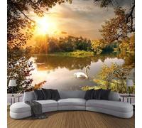 Three Dimensiona Sunlight Forest Lake Swan Modern 3D Wallpaper Premium Textured Silk Neutral Tones Material Ideal for Living Room Bedroom-350cm×256cm