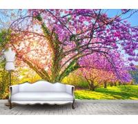 Three Dimensiona Sunlight Purple Flowers Trees Modern 3D Wallpaper Premium Textured Silk Neutral Tones Material Ideal for Living Room Bedroom-350cm×256cm
