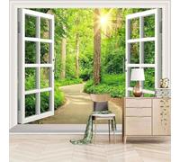 Three Dimensiona Window Green Forest Sunlight Modern 3D Wallpaper Premium Textured Silk Neutral Tones Material Ideal for Living Room Bedroom-430cm×300cm