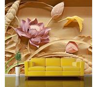 Three Dimensiona Wood Carving Birds Lotus Leaves Lotus Flowers 3D Wallpaper Luxury Home Dining Decor Paste Sofa Living Room The Wall for Bedroom Mural-150cm×105cm