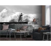 Three Dimensional Black and White Waves Lighthouse Creative 3D Wallpaper Easy Install Feature Office Living Room Sofa Bedroom TV Background Wall Decoration-350cm×256cm