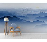 Three Dimensional Blue Mountain Peaks Birds and Sunrise 3D Wallpaper Premium Textured Silk Study Dining Living Room Bedroom Sofa TV Wall Easy Install-400cm×280cm