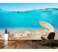 Three Dimensional Blue Sea Shells Pearls Modern 3D Wallpaper Premium Textured Silk Neutral Tones Material Ideal for Living Room Bedroom-250cm×170cm