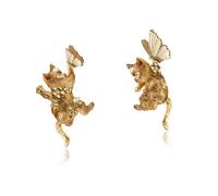 Three-dimensional butterfly and cat earrings personalized cat earrings retro gold accessories fashionable women's accessories, 1.18 in；0.98 in, Brass, No Gemstone