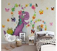 Three Dimensional Cartoon Dinosaur Flowers Butterflies 3D Wallpaper Easy Install Feature Office Living Room Sofa Bedroom TV Background Wall Decoration-150cm×105cm