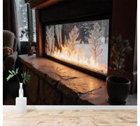 Three Dimensional Cosy And Comfortable Fireplace Frosted Glass Tree Winter Forest Scene 3D Wallpaper Silky Texture Home Study Office Grey Dining Room Sofa Bedroom Living Room TV Backdrop-150cm×105cm