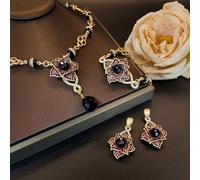 Three-dimensional double-layer camellia polygonal glass inlaid diamond earrings bracelet necklace jewelry set retro temperament