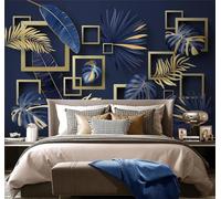 Three Dimensional Gold Geometric Blue Leaves 3D Wallpaper Easy Install Feature Office Living Room Sofa Bedroom TV Background Wall Decoration-200cm×140cm