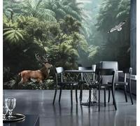 Three Dimensional Green Forest Elk Flying Birds 3D Wallpaper Silky Texture Home Study Office Grey Dining Room Sofa Bedroom Living Room TV Backdrop-300cm×210cm