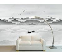 Three Dimensional Grey Landscapes Birds in Flight Small Boats 3D Wallpaper Easy Install Feature Office Living Room Sofa Bedroom TV Background Wall Decoration-300cm×210cm