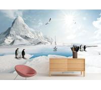 Three Dimensional Penguins Icebergs Sailing Ships Flying Birds 3D Wallpaper Easy Install Feature Office Living Room Sofa Bedroom TV Background Wall Decoration-200cm×140cm