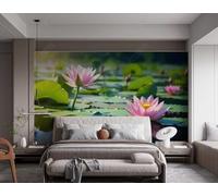 Three Dimensional Pond Lotus Leaf Pink Lotus 3D Wallpaper Easy Install Feature Office Living Room Sofa Bedroom TV Background Wall Decoration-150cm×105cm