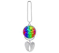Three-dimensional Rainbow Colors Checker Plaid Grid Tartans Custom Car Pendant, Exquisite Angel Wings Car Pendant, Zinc Alloy Car Pendant Chains for Men Women Gift Car Accessories Silver