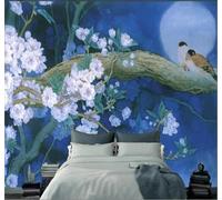 Three Dimensional Retro Hand Drawn Blue Flowers and Birds 3D Wallpaper Easy Install Feature Office Living Room Sofa Bedroom TV Background Wall Decoration-300cm×210cm