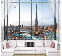 Three Dimensional Window City Architecture Flying Birds River 3D Wallpaper Silky Texture Home Study Office Grey Dining Room Sofa Bedroom Living Room TV Backdrop-200cm×140cm