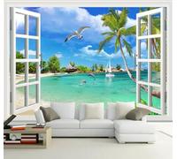 Three Dimensional Window Dolphin Coconut Tree Flying Bird 3D Wallpaper Silky Texture Home Study Office Grey Dining Room Sofa Bedroom Living Room TV Backdrop-350cm×256cm