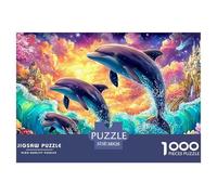 Three Dolphins, Castles And Flowers in Waves 1000 Piece Jigsaw Puzzle Dolphin Brainteasing Fun for Adults & Kids 38x26cm/1000pcs