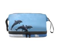 Three Dolphins Jumping Over Breaking Waves Double Layer Cosmetic Bag for Women and Girls, Travel Toiletry Bag Makeup Handy Pouch Organiser Bag with Brush Compartment
