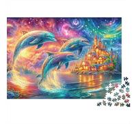 Three Dolphins Leap Under Cosmic Sky 1000Pc Jigsaw Puzzle Dolphin Theme Perfect for Family Puzzle Nights, Adults & Kids 52x38cm/1000pcs