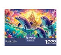 Three Dolphins near A Colorful Castle 1000-Piece Jigsaw Puzzle Dolphin Challenging Game for Men, Women & Elders 38x26cm/1000pcs