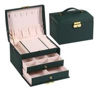Three Drawer Handheld Jewellery Box Earring Ring Necklace Storage PU Leather Display With Security Key Lock For Jewellery(Green)