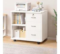 Three-Drawer Wooden Filing Cabinet with Lock, Mobile Horizontal Filing Cabinet, Printer Stand with Open Storage Shelves, Rolling Filing Cabinet on Wheels for Home Office White