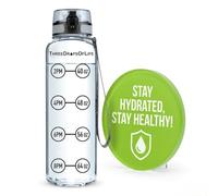 Three Drops of Life 1000ml Clear Sports Water Bottle, Measuring H2O Intake, Tritan Bpa Free, Time Tracker W/Goal Timer, Non-Toxic, Top Plastic Product - Hydration Drink Marker