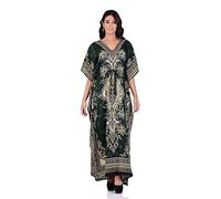 THREE EYE STORE Green Long Tribal Ethnic Print, Kaftan Tunic Kimono Dress Green Long Swimsuit Cover Up Beach Long Casual Caftan Maxi Caftan for Women, Large, Green, One Size