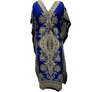 Three Eye Store Women's Kaftan Dress Swimsuit Beach Cover Up Tribal Ethnic Print Plus Size V-Neck Loose Kimono Maxi Dress, Blue, One Size